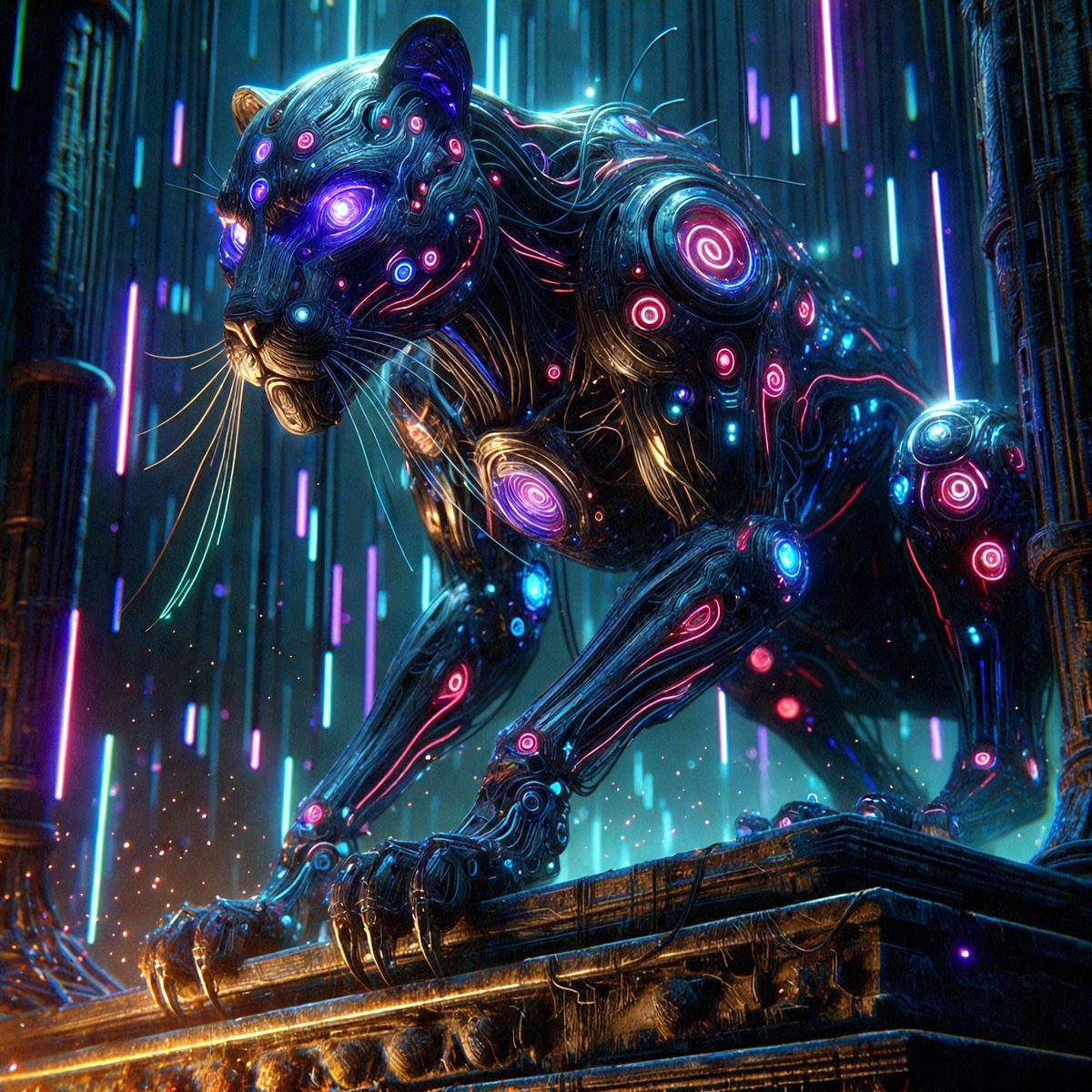 The primary subject of the image is a large, futuristic-looking cat with a mix of black and purple colors. The cat is sitting on top of a stone surface, which could be a part of a building or a decorative element. The visual style of the image is digital art, as it appears to be a computer-generated or digitally edited image. The dominant colors in the image are black and purple, giving the scene a dark and mysterious atmosphere.